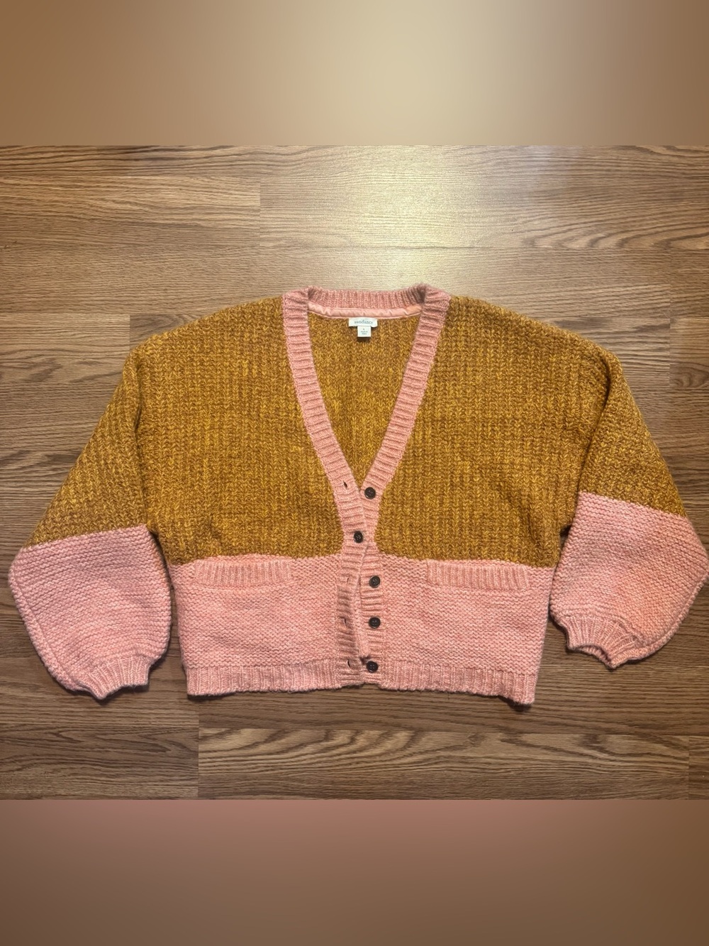 Sundance Two-Tone Pink and Mustard V-Neck Button Cardigan Sweater